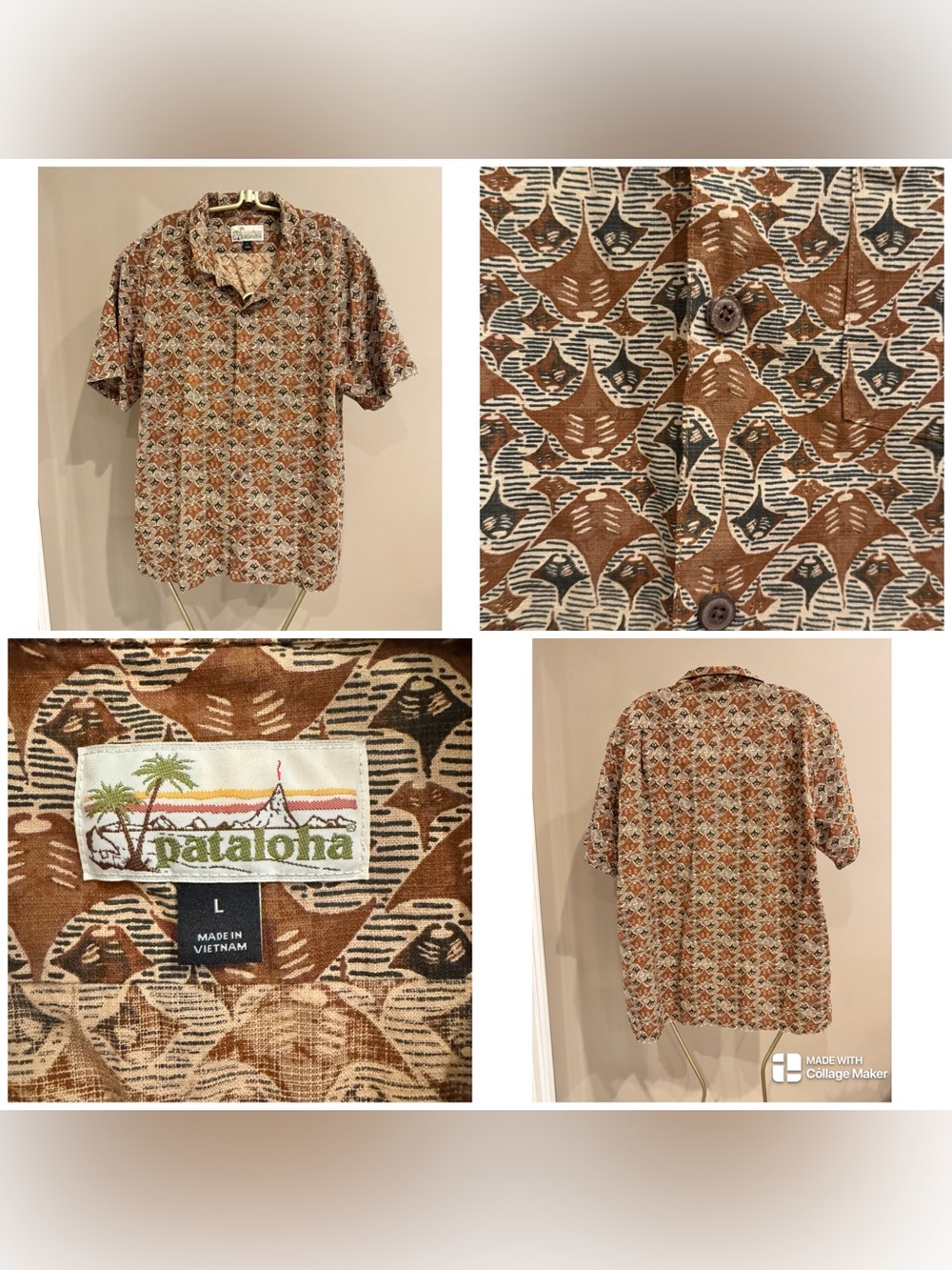 Patagonia Pataloha shirt an all-over print of manta rays on a brown